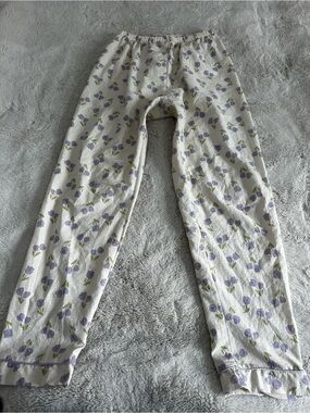 Cream Floral Sleep Pajama Pants with Lilac Tulips